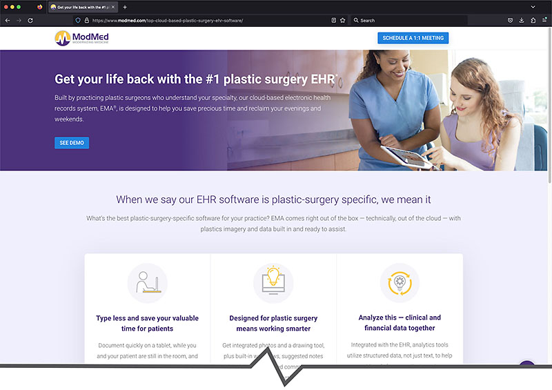 Landing page for the ModMed Plastic Surgery suite